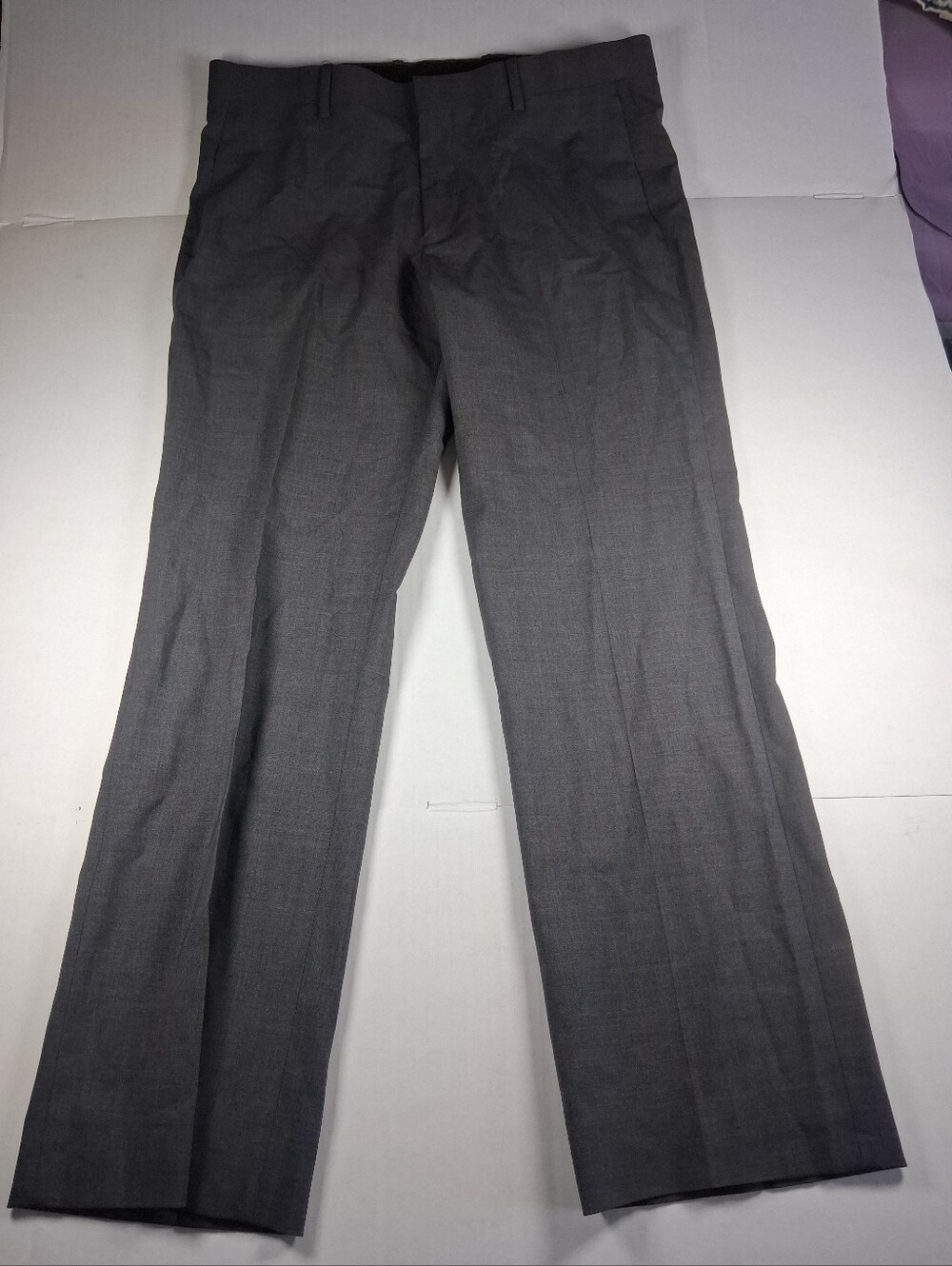 Theory Wool Dress Pants Gray Mens Size 34x29 Flat Front Trousers Hemmed (Bin1)